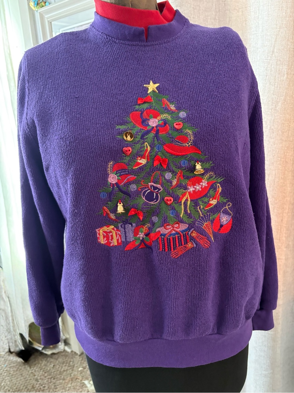 BonWorth Vintage Christmas Sweater Small Petite Purple Embellished Tree Holiday
